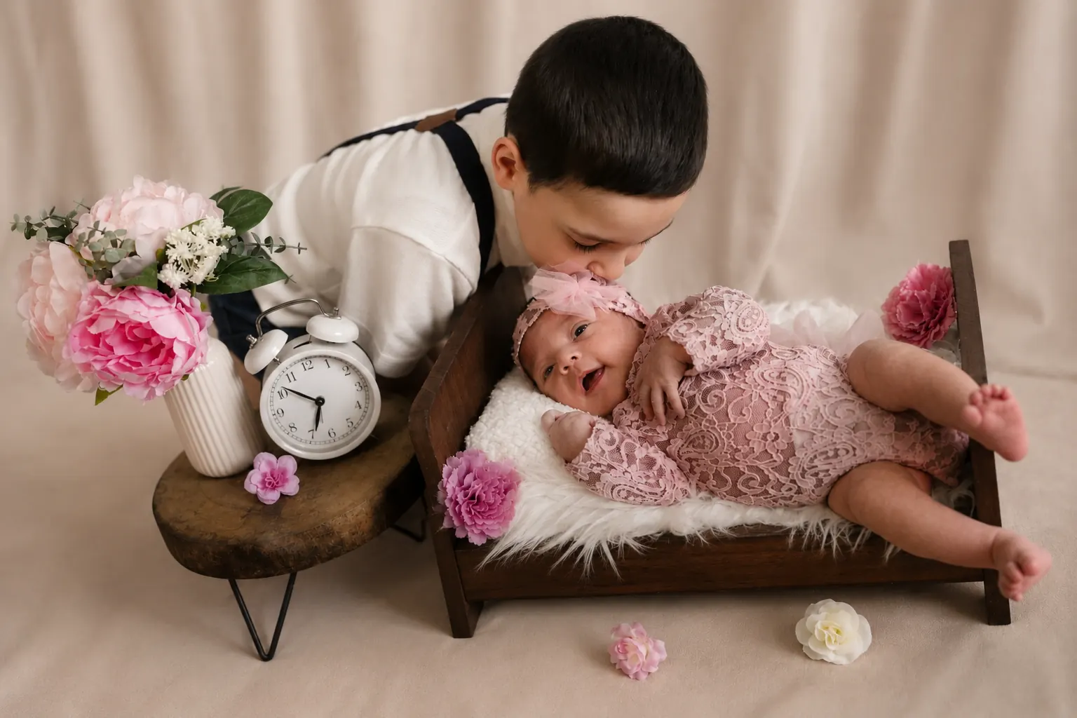 Der Bruder beugt sich über das kleine Holzbett und küsst das Neugeborene, daneben ein Wecker und Blumen