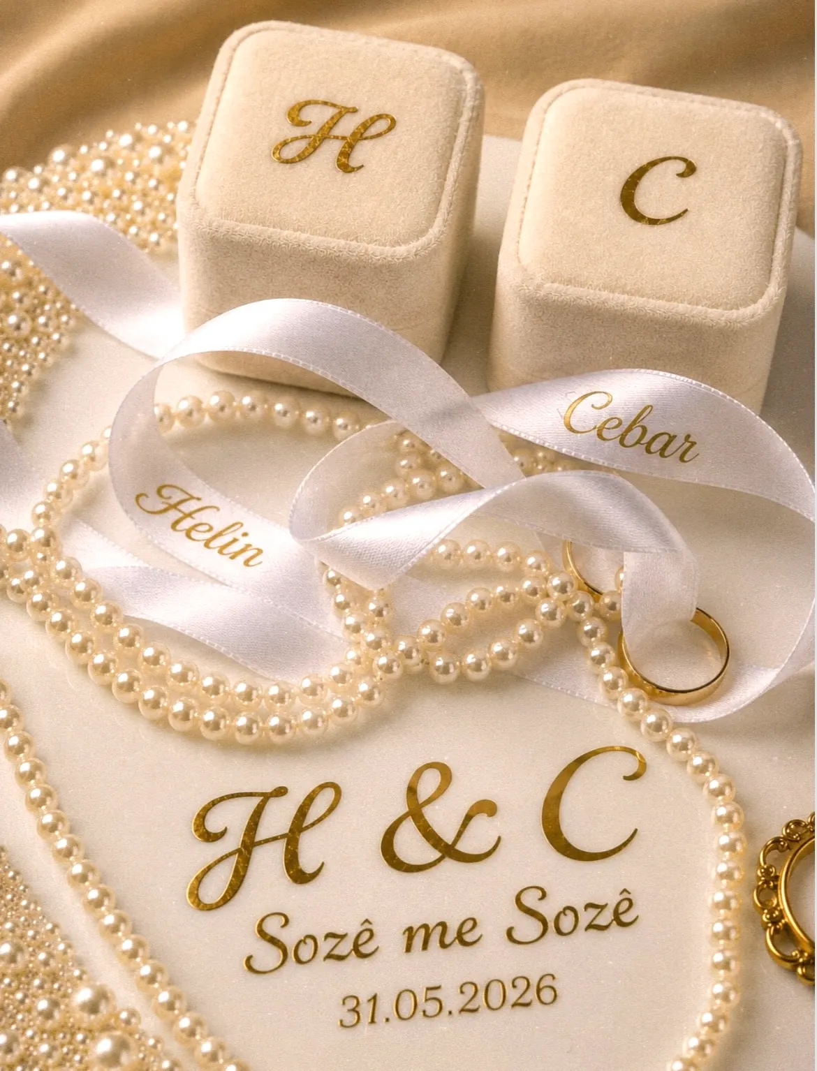 Two velvet ring boxes with gold initials, strings of pearls and satin ribbons bearing the couple's names