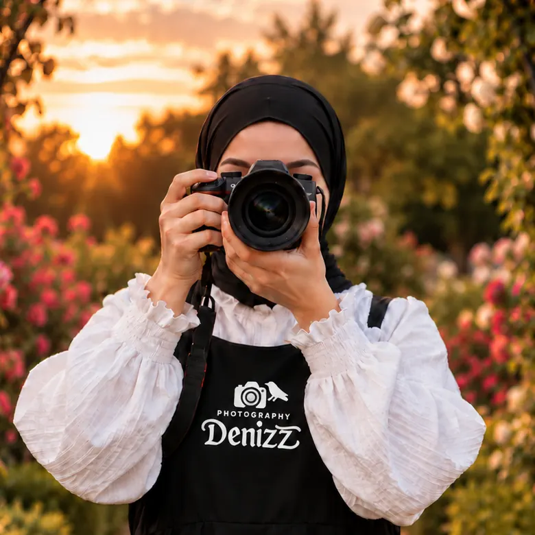 Our female photographer in a headscarf and an apron with the Photography Denizz logo, camera to her face, in front of roses in the evening light