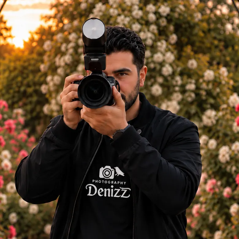 Our male photographer in a black jacket with the Photography Denizz logo, flash camera to his face, in front of roses in the evening light